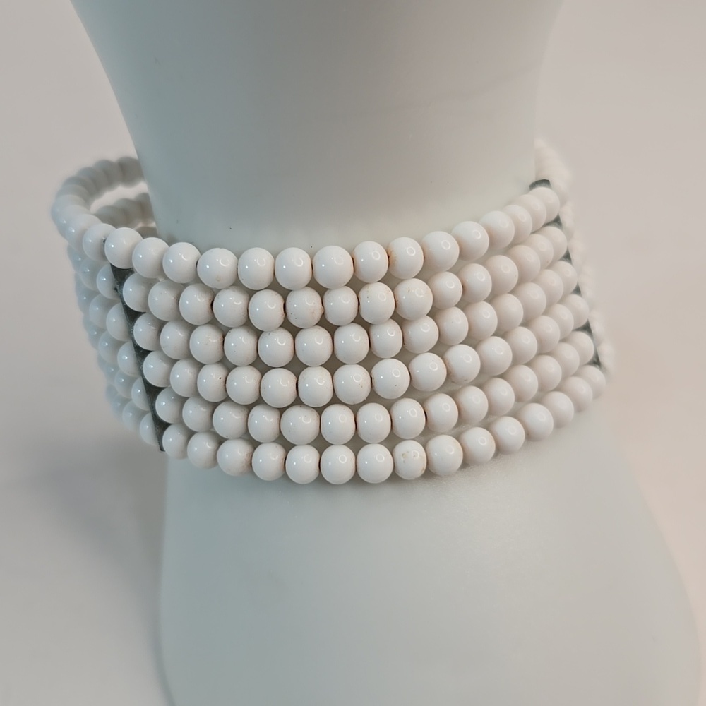 Vintage Retro MCM White Milkglass Wired Beaded Wrap Cuff Bracelet